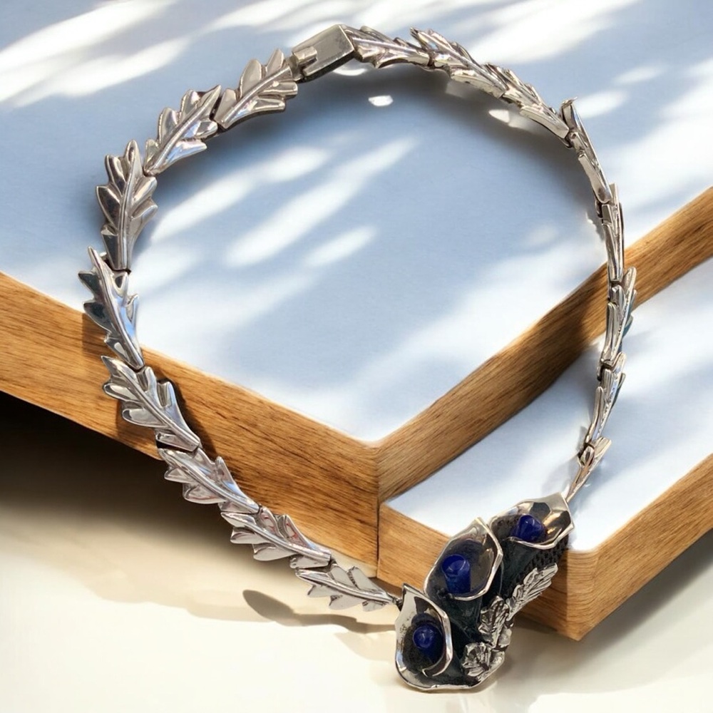 Vtg Taxco Mexico 950 Sterling & Lapis Lazuli Artisan Statement Necklace 136grams - Picture 7 of 10